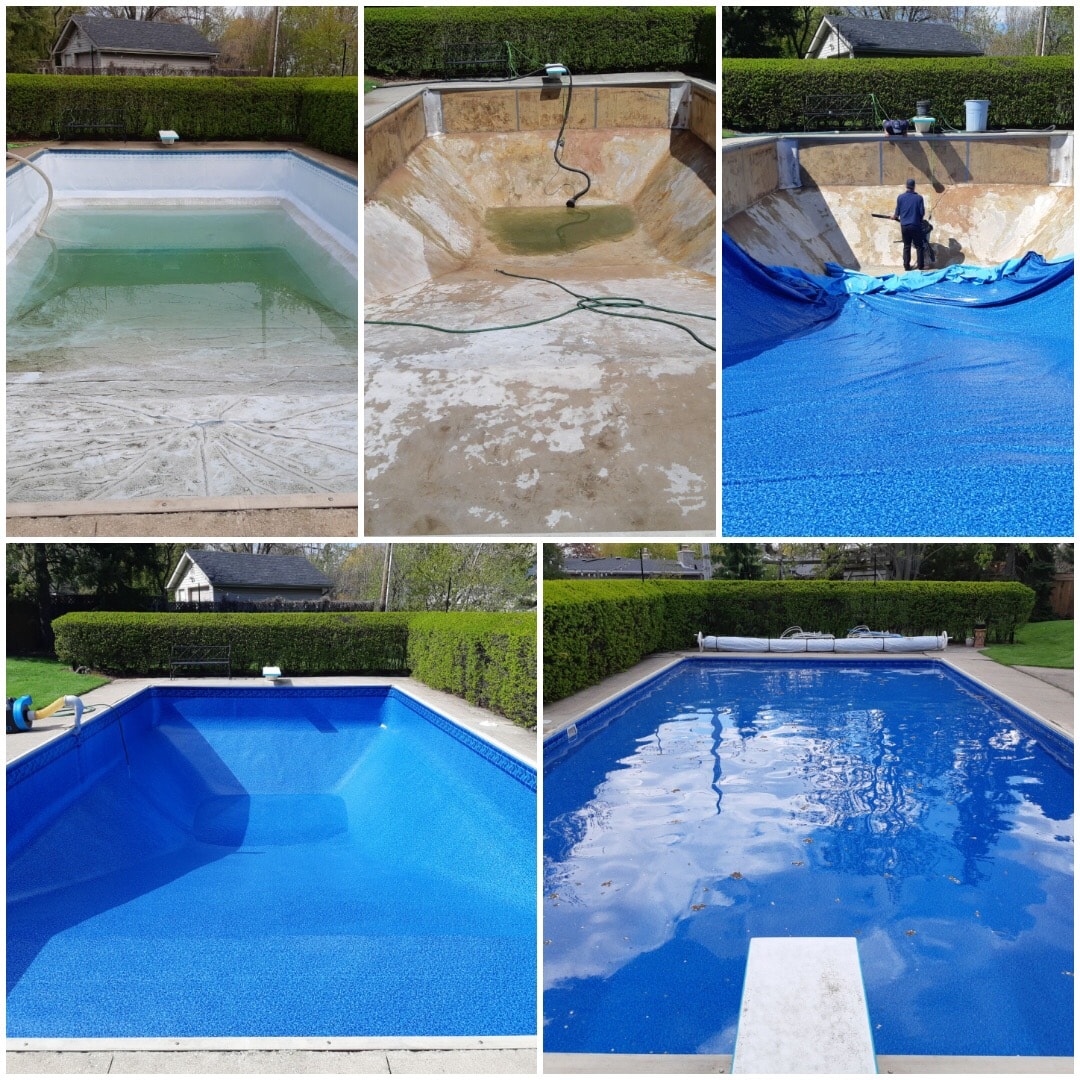 Pool liner replacement process collage showing old worn liner, empty pool being prepped, new blue liner being installed, and the finished result
